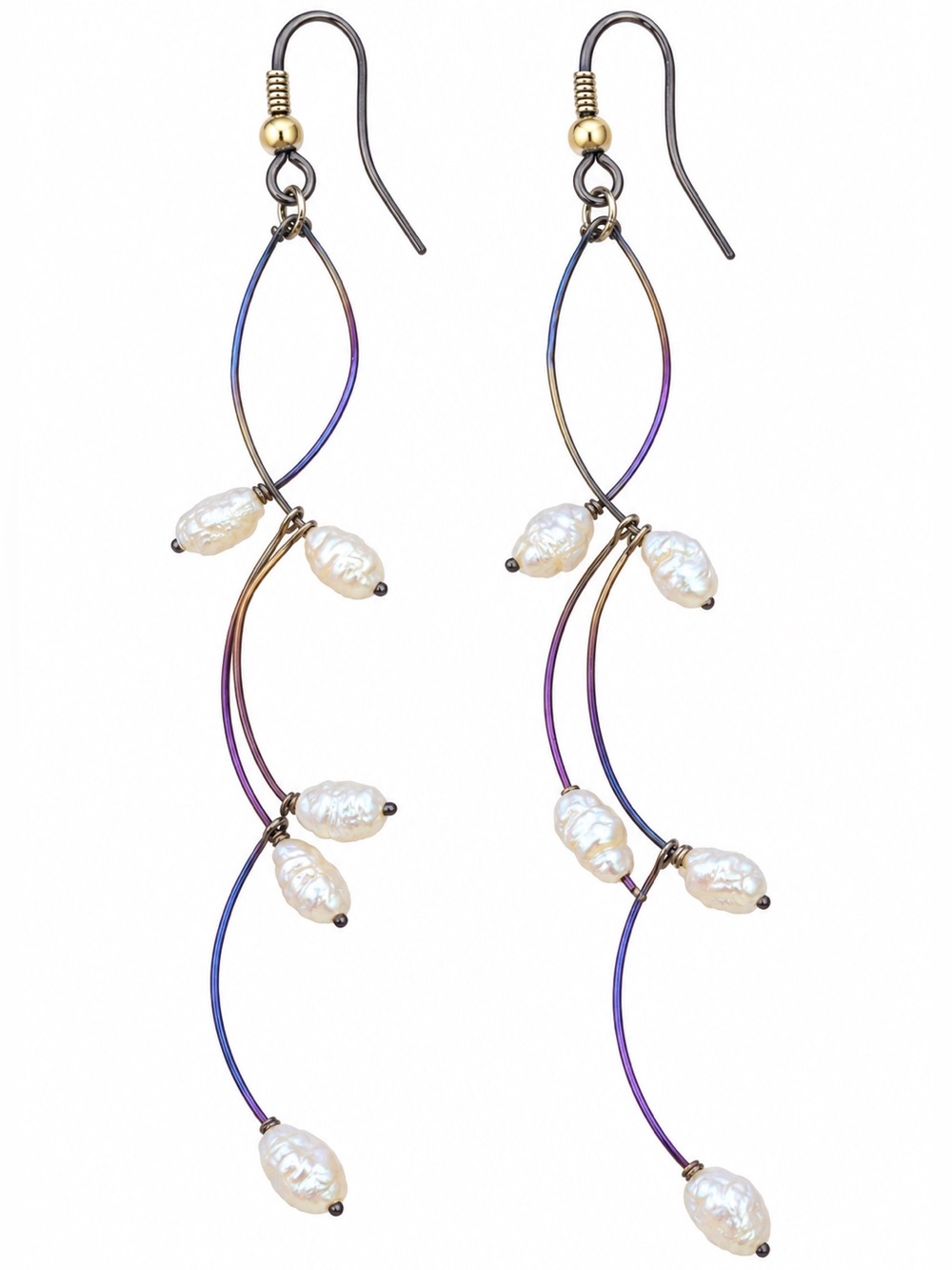 Niobium Oil Slick Pearl Swirl Dangle Earrings Blue Purple Gold 3.25”